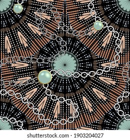 Abstract textured mandalas seamless pattern. Vector ornamental jewelry background. 3d buttons, chains, flowers, dotted lines, shapes. Modern ornament. Decorative repeat backdrop. Ornate grunge design.