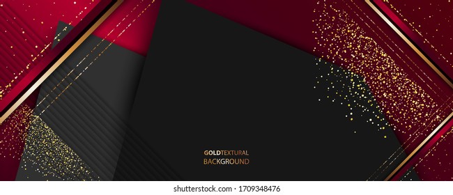 Abstract textured red background with black and fancy shiny elements universal design dressing luminous color golden