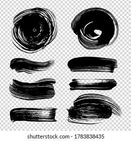 Abstract textured round and even black ink strokes on imitation transparent background