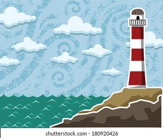 Abstract, textured sea landscape with a lighthouse, vector illustration