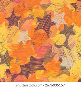 Abstrato padrão sem costura texturizado com estrelas coloridas. Fundo texturizado desenhado à mão em tons quentes de outono. Perfeito para tecido, papel de embrulho, design infantil, decoração de férias e projetos digitais.