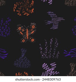 Abstract textured shapes seamless pattern. Aesthetic contemporary hand drawn scribble wallpaper. Nature organic fantastic elements. Vector illustration isolated on black background