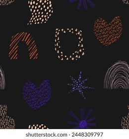 Abstract textured shapes seamless pattern. Aesthetic contemporary hand drawn scribble wallpaper. Nature organic fantastic elements. Vector illustration isolated on black background
