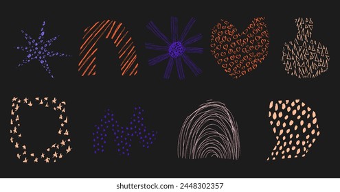 Abstract textured shapes set. Collection contemporary hand drawn scribble shape. Nature organic fantastic elements. Vector illustration isolated on black background