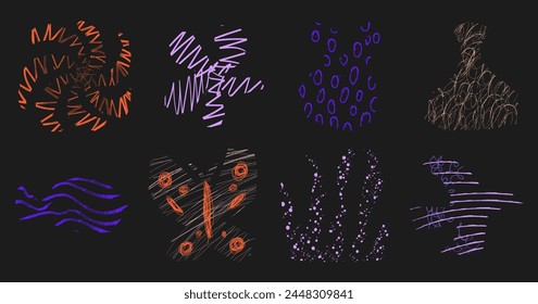 Abstract textured shapes set. Collection contemporary hand drawn scribble shape. Vase, grass, butterfly, fish, star, bird, flower. Vector illustration isolated on black background