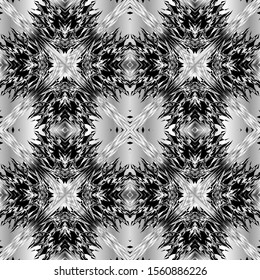 Abstract textured silver 3d vector seamless pattern. Geometric surface black and white grunge background. Silk repeat symmetrical backdrop. Decorative ornate grungy design with stripes, shapes, lines.