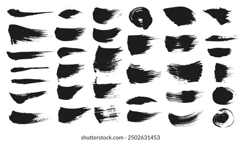 Abstractas manchas texturizadas de pintura negra gran conjunto aislado sobre un fondo blanco . Imagen producida sin el uso de ninguna forma de software de IA en ninguna etapa.