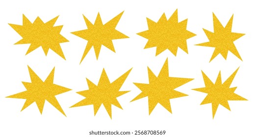 Abstract textured star shapes set. Simple grainy sparks. Pop art Funky groovy Doodle Stars isolated on white. Starburst icon sticker for design. Element for poster banner collage