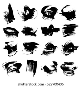 Abstract textured strokes black paint big set isolated on a white background