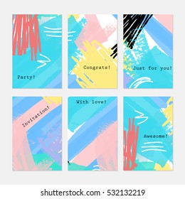 Abstract textured strokes bright blue pink yellow.Hand drawn creative invitation greeting cards.Poster placard flayer design templates. Anniversary Birthday wedding party cards.Isolated on layer.