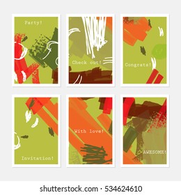 Abstract textured strokes bright orange green.Hand drawn creative invitation greeting cards.Poster placard flayer design templates. Anniversary Birthday wedding party cards.Isolated on layer.
