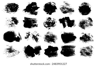 Abstract textured strokes and prints thick black gouache paint big set isolated on a white background. Image produced without the use of any form of AI software at any stage 