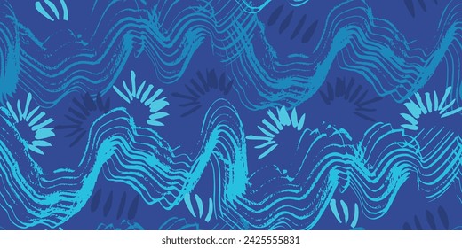 Abstract textured turquoise blue wave brush stroke sea seamless pattern. Trendy summer artistic curve splash paintbrush marine texture print for water swimwear textile, nature surface design