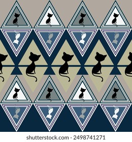 Abstract textured vector art design of a cat combined with vintage ethnic triangle geometry. Seamless fashion fabric