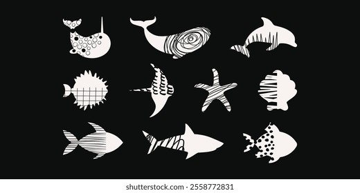 Abstract Textured Vector Silhouettes of Sea Animals