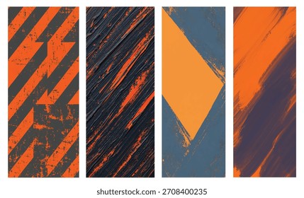 Abstract textured vertical panels with orange and dark gray diagonal stripes and geometric shapes