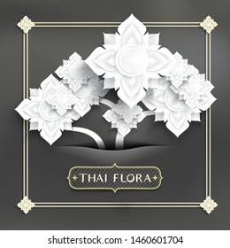 Abstract Thai art, white flowers paper cut style insert in stripe on dark background, plus golden flowers and frame.