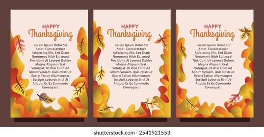 Abstract Thanksgiving Card with Colorful Autumn Leaves Vector. print size set of thansgiving card template concept. liquid abstract background with autumn leaves vector illustration