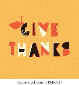 Abstract Thanksgiving Day design with colorful geometric letters on textured yellow background. Poster, brochure or greeting card square template with sample text.