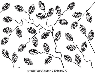 Abstract thin black curved branches with leaves on a white background. Modern floral monochrome vector background.