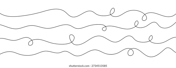 Abstract thin curve set with wavy and curvy line cable, long squiggle drawing for flow wire graphic on a white background. Freehand drawn loopy organic rope element and doodle in black swirl