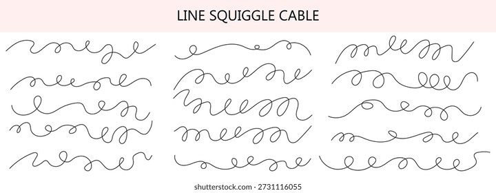 Abstractas juego de dibujo delgado con una línea ondulada y una curva de cable larga, garabatos curvos y remolinos para un gráfico de doodle. Horizontales líneas negras rizadas y onduladas, dibujadas en un simple boceto ondulado