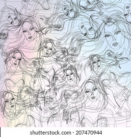 Abstract thin line background. Fashion beautiful women drawn by thin line style