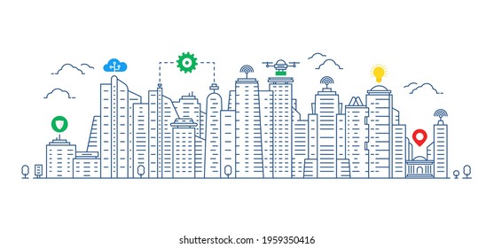 abstract thin line city skyline like smartcity or iot. flat linear trend modern graphic house stroke design web society element isolated on white background. concept of sustainable energy town system