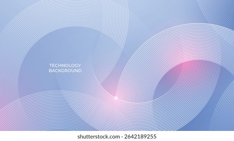 Abstract Thin Line Concentric Circles with Pink Sun Bokeh Glare Effect. Abstract Digital Technology Modern Background. White Circle Design Elements on Light Soft Blue Cover. Vector Illustration.