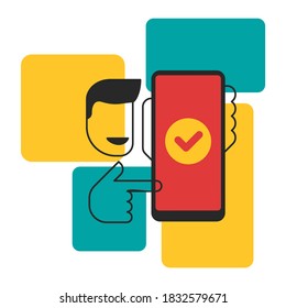Abstract thin line happy young smiling man holding phone with check mark on a screen - vector illustration in flat cartoon style