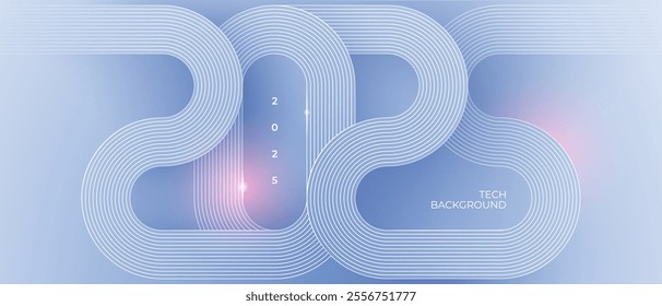 Abstract thin line light blue background in technology elegant style. 2025 wave on tech bg. Modern geometric banner with circuit wires on the chip. Vector illustration for flyer, presentation, banner.