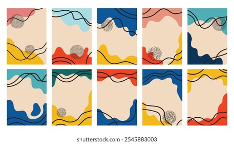 Linha fina abstrata e fundo líquido, modelo, design de capas artísticas, textura colorida com palitos. Padrão na moda com formas orgânicas, cartaz gráfico, brochura geométrica, cartão.