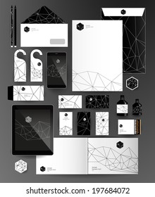 Abstract thin line polygonal business set. Geometric, triangles. Corporate identity templates: blank, business cards, badge, envelope, pen, Folder for documents, Tablet PC, Mobile Phone