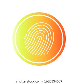 Abstract thin line touch id logo. Concept of identification sign like fingermark labyrinth. Flat simple fashion logo. Graphic design of the art app in a circle with gradient neon fill.