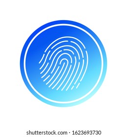 Abstract thin line touch id logo. Concept of identification sign like fingermark labyrinth. Flat simple fashion logo. Graphic design of the art app in a circle with gradient neon fill.