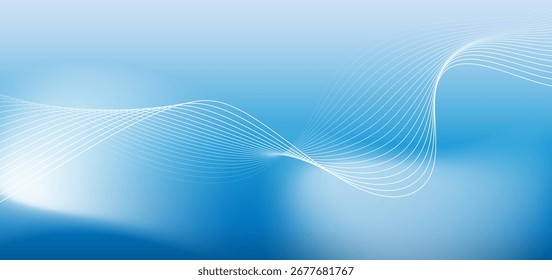 Abstractas de líneas delgadas y onduladas que fluyen a través del marco. El tono de color principal es azul-blanco con áreas oscuras y claras de tonos azules para crear dimensión.