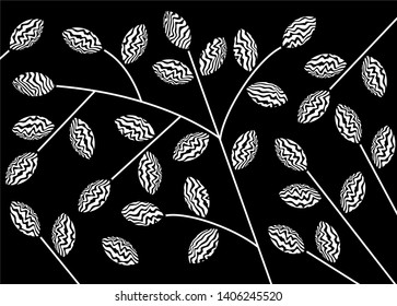 
Abstract thin white branches with leaves on a black background. Modern floral monochrome vector background