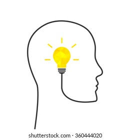 Abstract thinking concept with shiny yellow lightbulb and wire forming human profile line