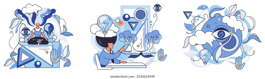 Abstract thinking. A person meditates, another interacts with digital elements, and various geometric shapes float amidst nature-inspired elements. Ideal for creativity, imagination, knowledge