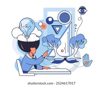 Abstract thinking. Person with open mind imagining trees light bulb and geometric shapes. Ideal for creativity innovation abstract thinking future education and mental growth themes. Minimalist