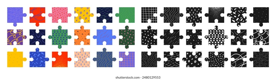 Abstract thinking puzzle game, bright textures mosaic solution vector template, Colorful and black and white jigsaw tiles with bizarre motley pattern in patchwork style, aesthetic naive ornament