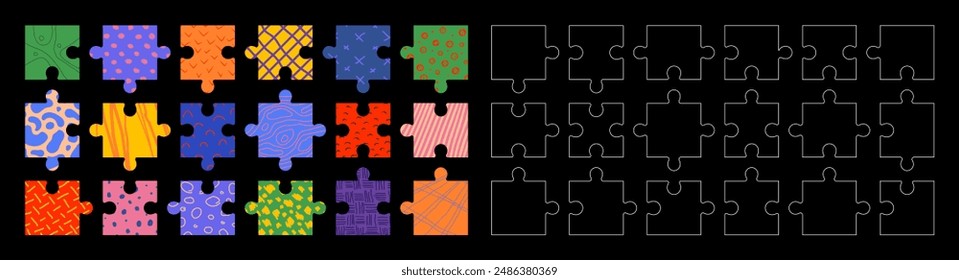 Abstract thinking puzzle game, bright textures mosaic vector template, Colorful and contour jigsaw tiles with bizarre motley pattern in patchwork style, aesthetic naive ornament on a black background