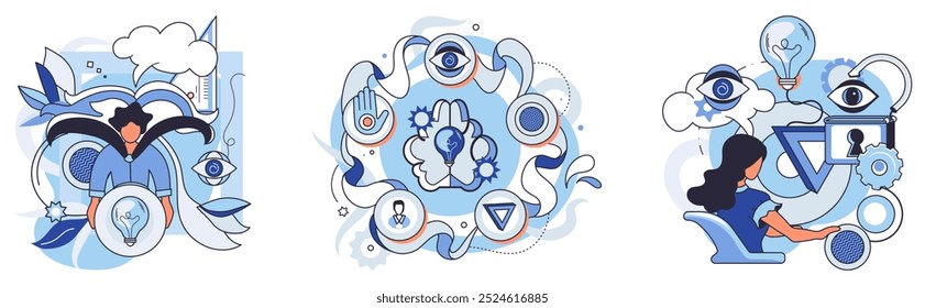 Pensamento abstrato. Três obras de arte interconectadas mostram uma mistura de olhos, lâmpadas, engrenagens e figuras humanas abstratas em tons azuis e brancos. Ideal para criatividade, inovação, visão, abstrato