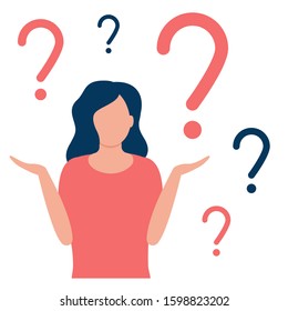 Abstract thoughtful and doubting woman with question mark. Girl solves problem, chooses solution. The concept of doubt, ignorance, confusion, deadlock. I do not know. Vector flat design illustration