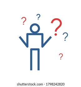 Resumen hombre reflexivo con signos de interrogación. Signo de problema humano resuelve, elige solución. El concepto de duda, ignorancia, confusión. No lo sé. Ilustración vectorial sobre fondo blanco.