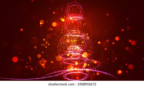 abstract thread with bends and waves flying in space, endless sparks and glow of red and orange colors
