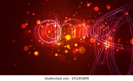 abstract thread with bends and waves flying in space, endless sparks and glow of red and orange colors