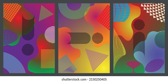 Resumen de tres antecedentes, plantilla, diseño artístico de portada, textura colorida. Formas geométricas. Patrón de moda, afiche gráfico, folleto geométrico, tarjeta.