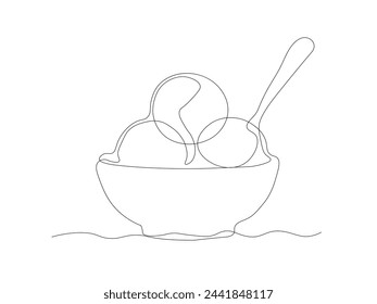 abstract three balls of ice cream in bowl with spoon,continuous single line art hand drawing sketch