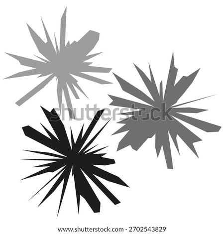 Abstract three bursts. Gray spike shapes. Shatter explosion Vector symbol. Neutral color element.